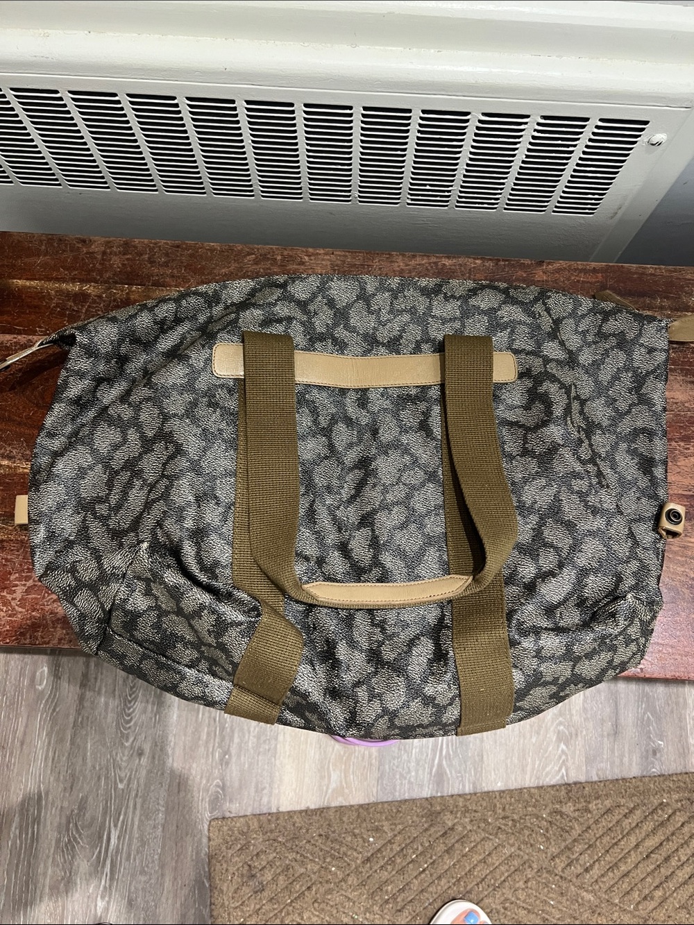 Yves Saint Laurent Gray Patterned Canvas Weekender with Olive Straps